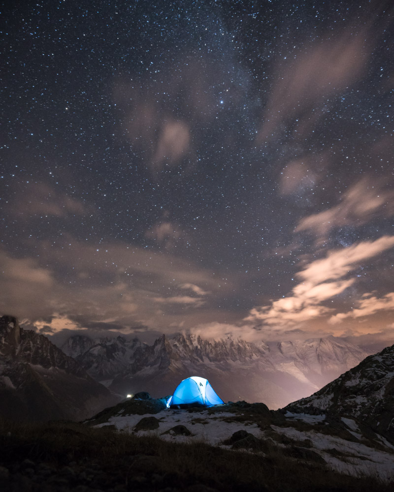 Hiking adventure in the alps with a stunning wild campsite