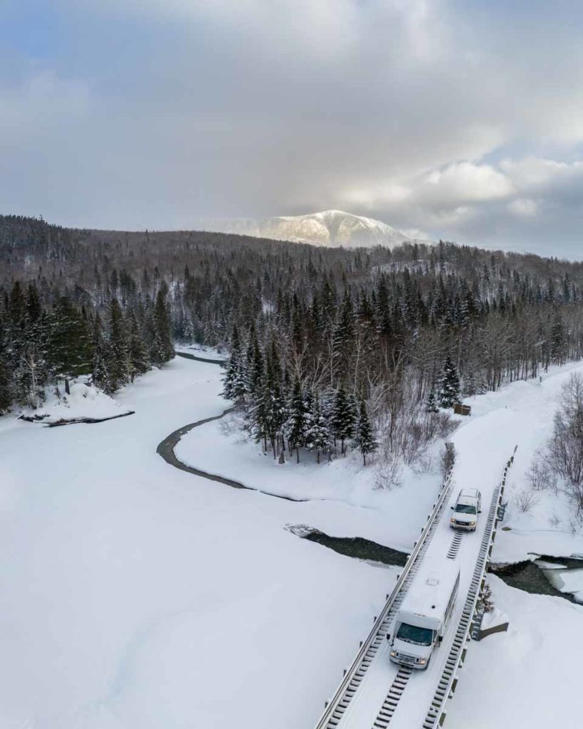 Getting to and from the Auberge du Montagne des Chic-Chocs is done via bus and snowcat, along winter roads in northern quebec.
